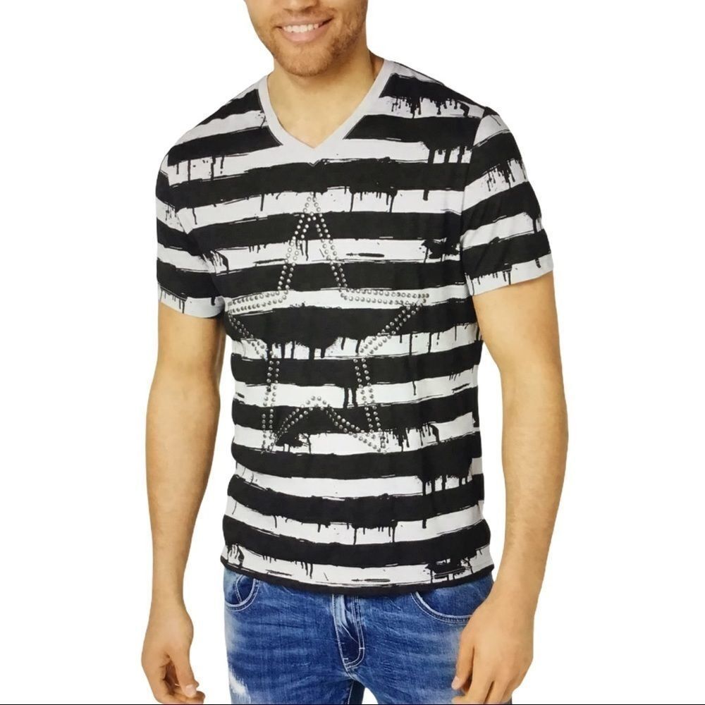 Black Gray Stripes Studded Star T shirt - NWT